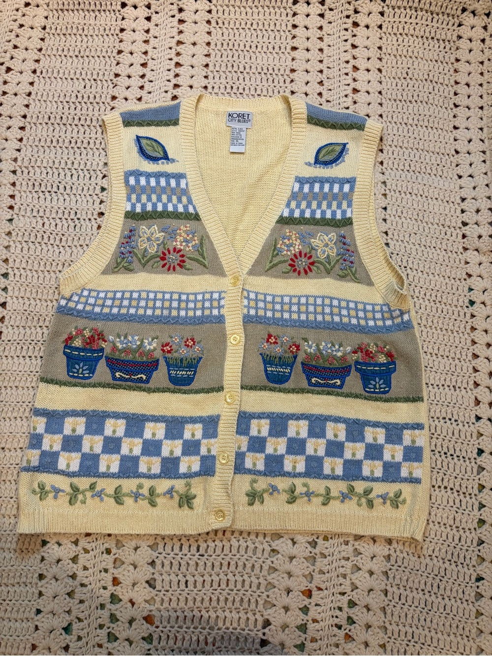 Koret Vintage Pale Yellow Knit Floral Garden/Basket Button Front Sweater Vest XL
